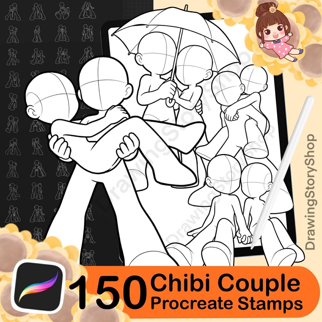 150 Chibi Couple Pose Stamps for Procreate | Cute Kawaii Romantic Couple Drawing Base | Chibi Love Pose Reference Pack