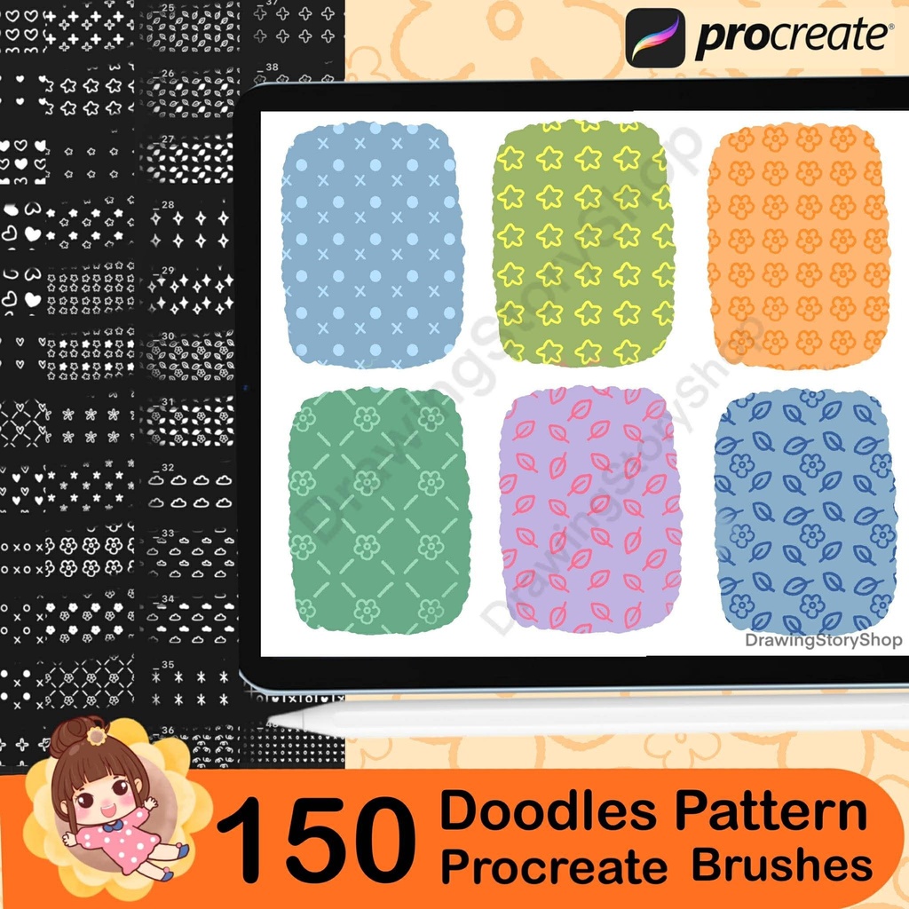 150 Doodles Procreate Stamp Brush set , Kawaii Pattern Brushes