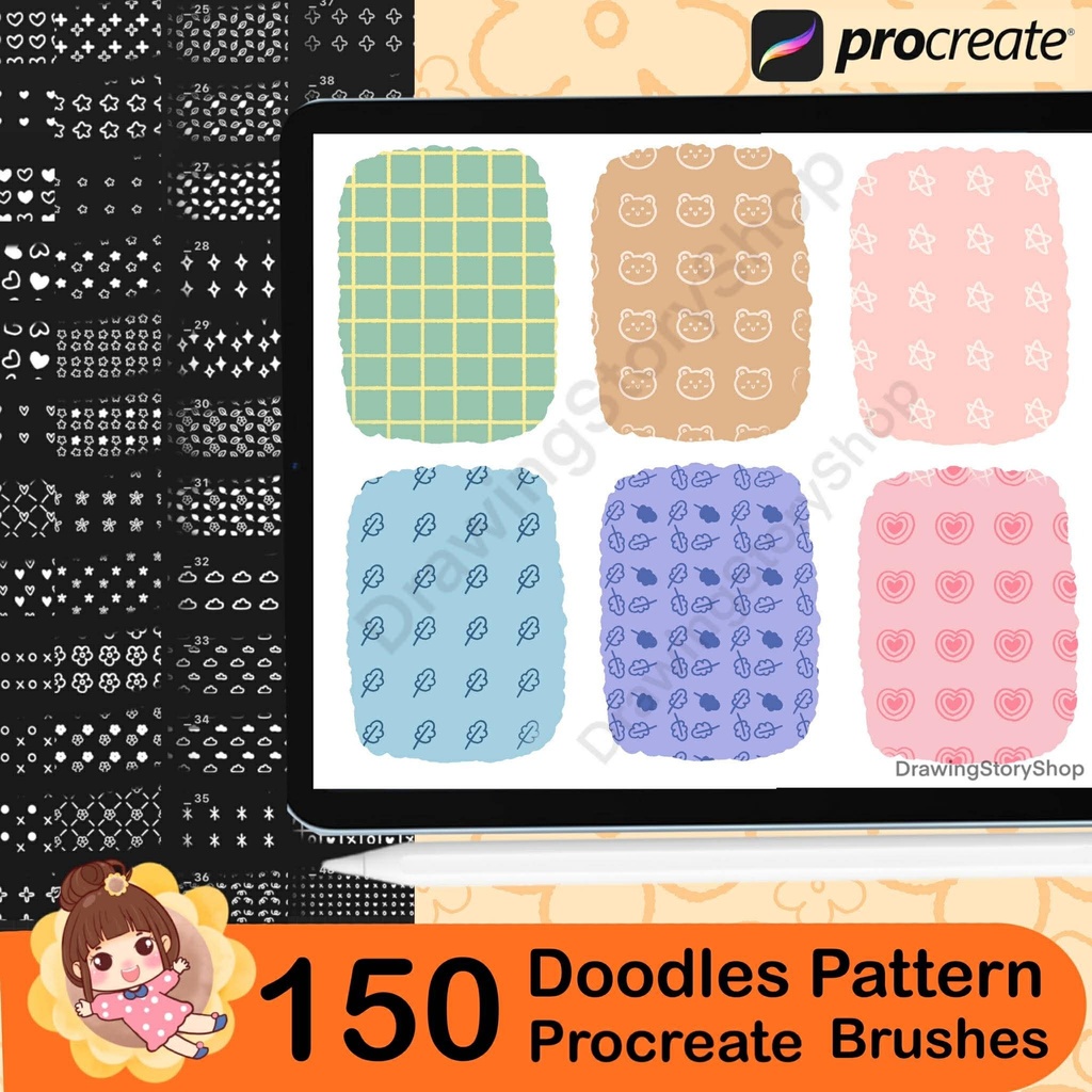 150 Doodles Procreate Stamp Brush set , Kawaii Pattern Brushes