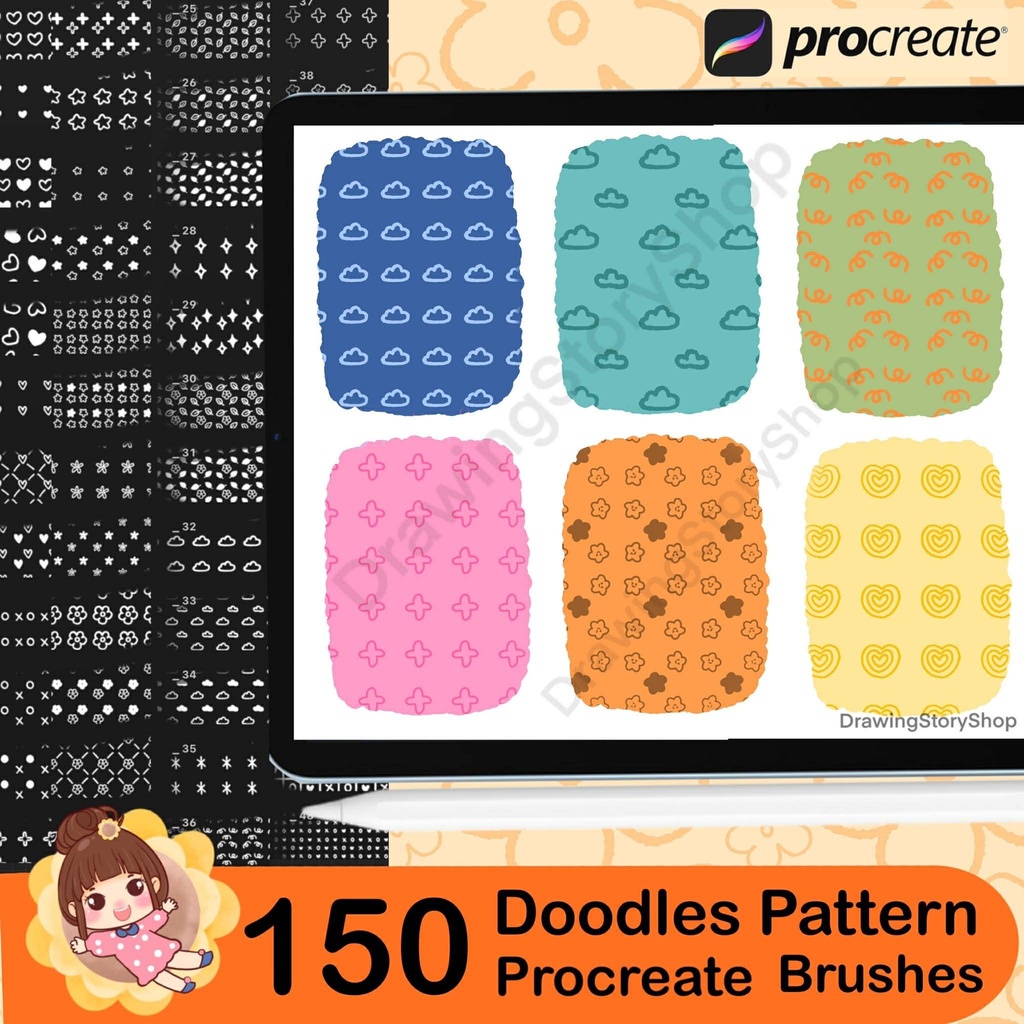 150 Doodles Procreate Stamp Brush set , Kawaii Pattern Brushes