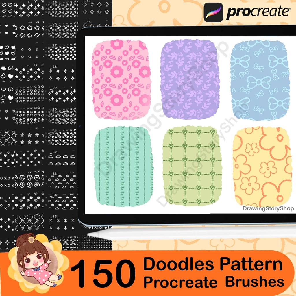 150 Doodles Procreate Stamp Brush set , Kawaii Pattern Brushes