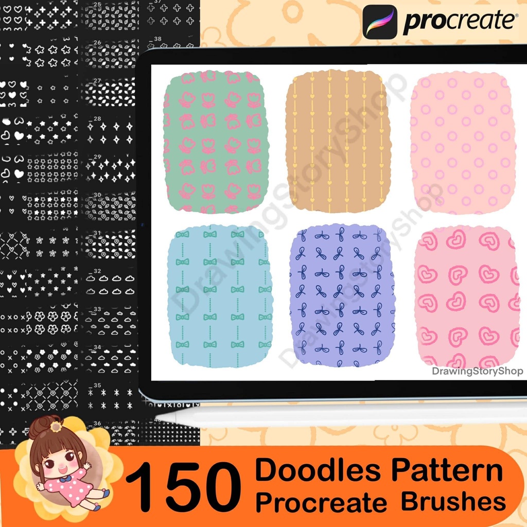 150 Doodles Procreate Stamp Brush set , Kawaii Pattern Brushes