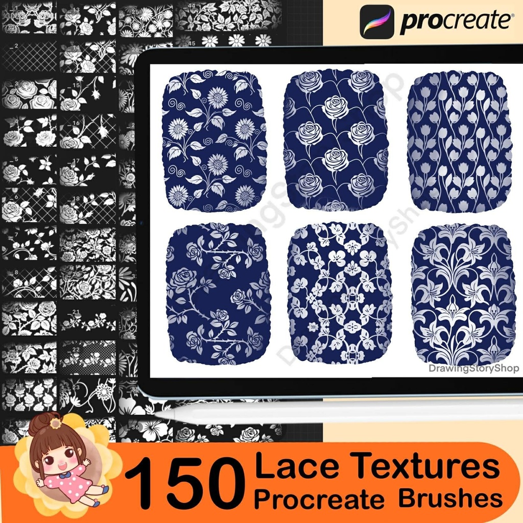 150 Procreate Lace Texture Brushes | Seamless Lace & Fishnet Patterns | Procreate Fabric Texture