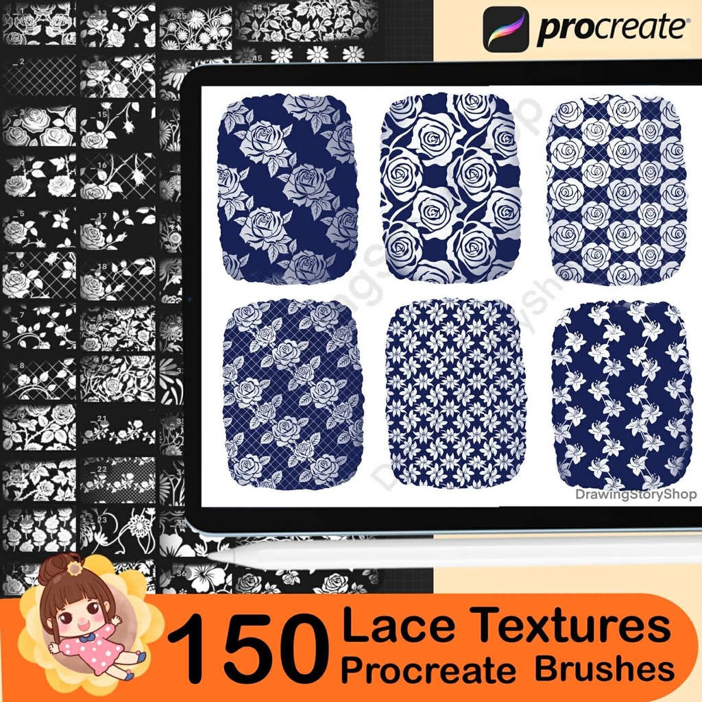 150 Procreate Lace Texture Brushes | Seamless Lace & Fishnet Patterns | Procreate Fabric Texture