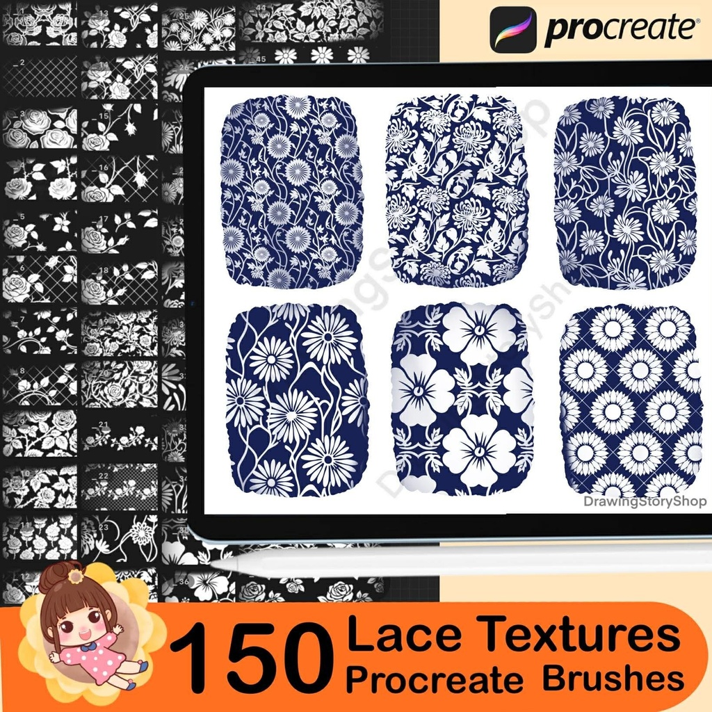 150 Procreate Lace Texture Brushes | Seamless Lace & Fishnet Patterns | Procreate Fabric Texture