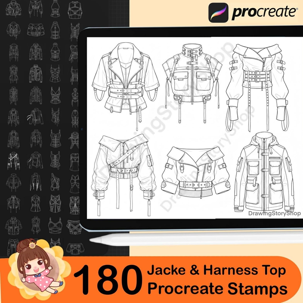 180 Procreate Harness Tops & Leather Jackets Anime Outfit | Character Maker Clothes Stamp