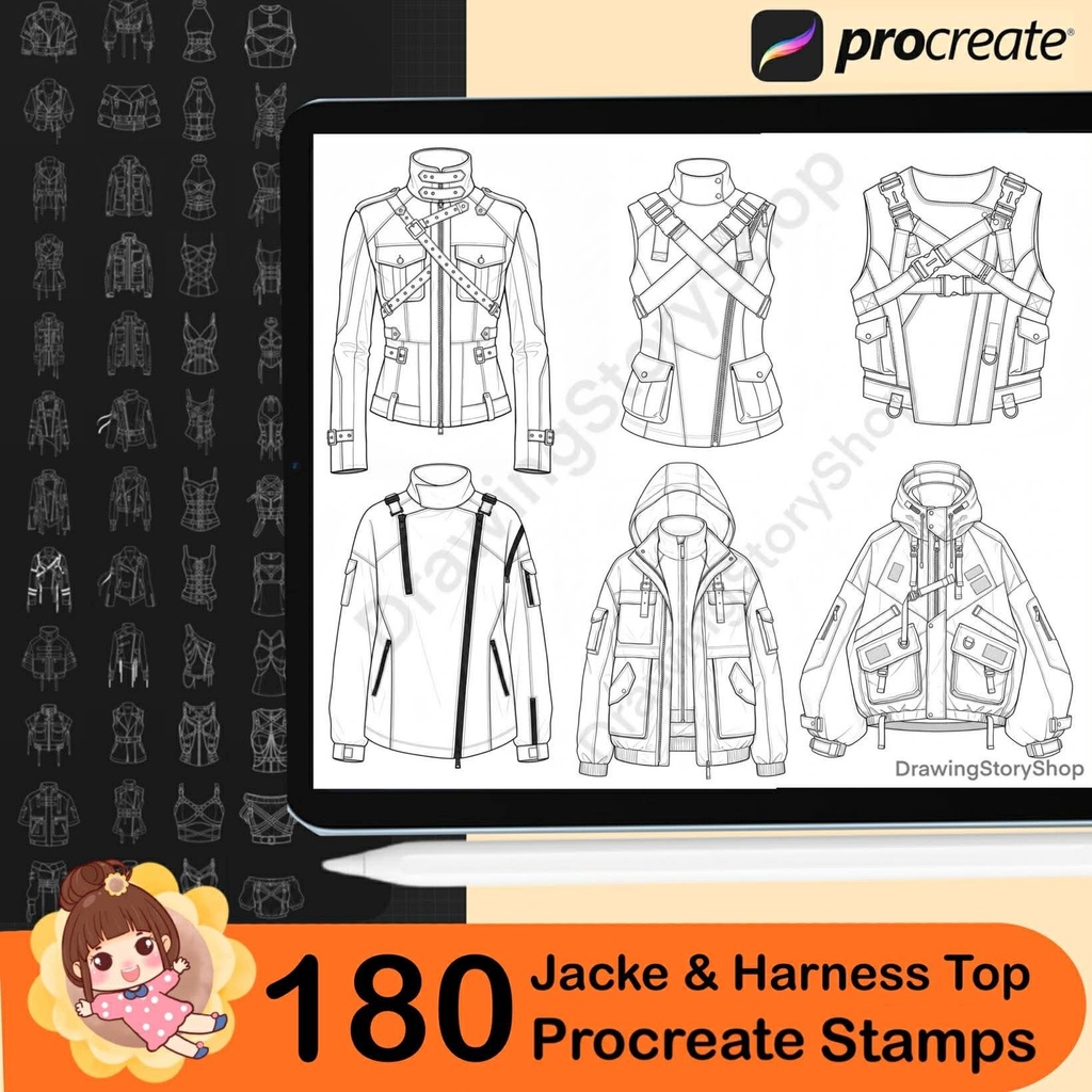 180 Procreate Harness Tops & Leather Jackets Anime Outfit | Character Maker Clothes Stamp