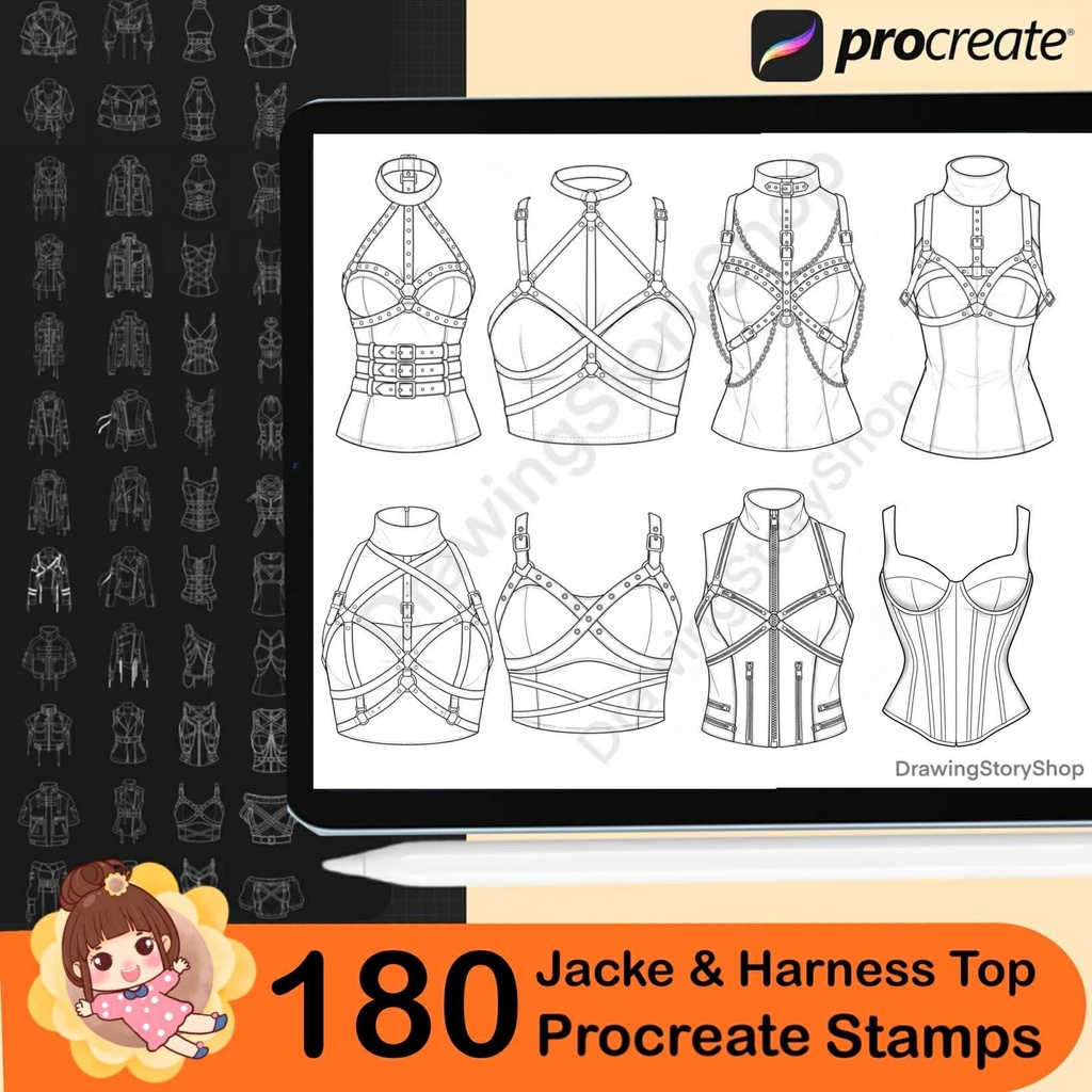 180 Procreate Harness Tops & Leather Jackets Anime Outfit | Character Maker Clothes Stamp