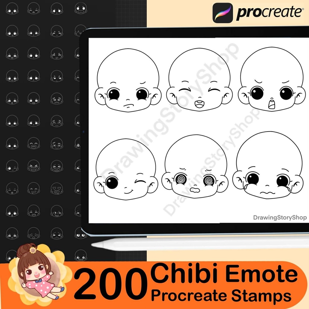 200 Procreate Chibi Head Stamps , Procreate Chibi Emote Brushes, Chibi Emotion Face stamp, Procreate Anime, Manga brush
