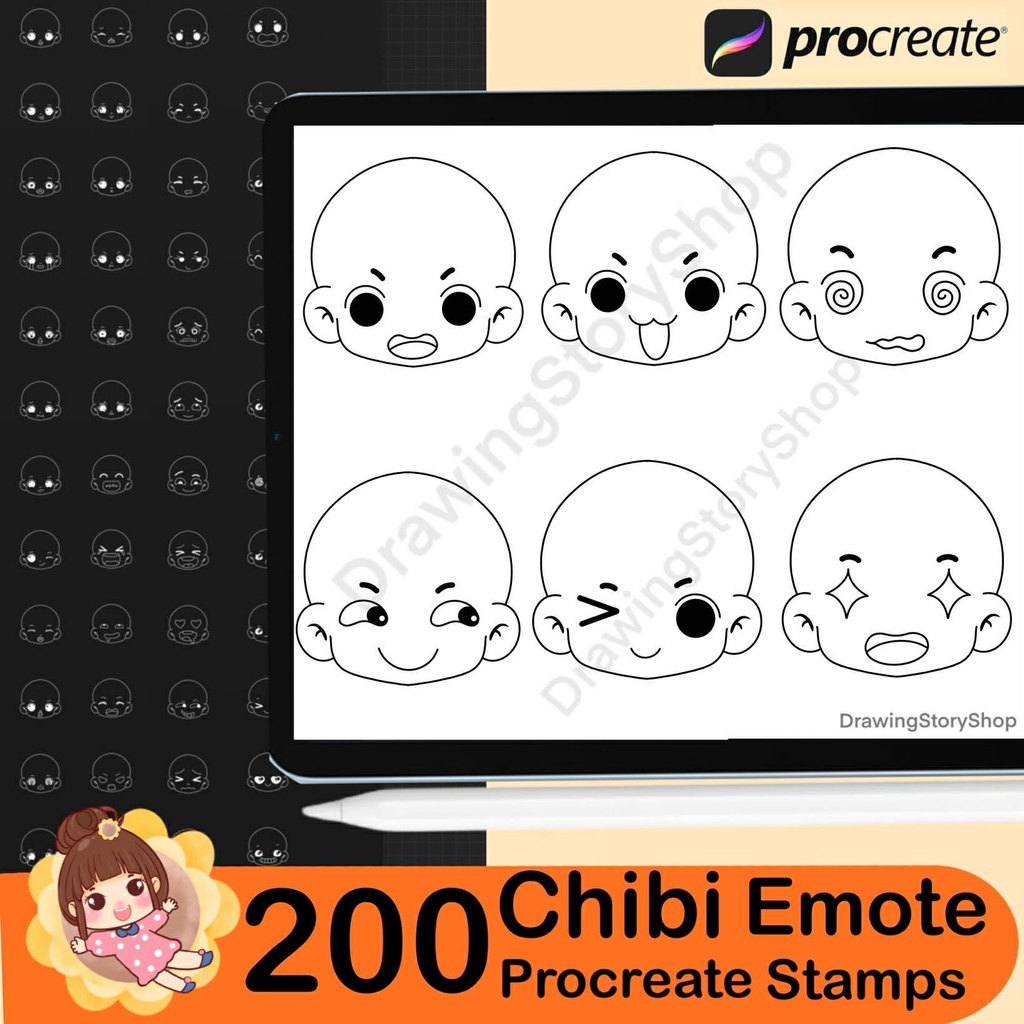 200 Procreate Chibi Head Stamps , Procreate Chibi Emote Brushes, Chibi Emotion Face stamp, Procreate Anime, Manga brush