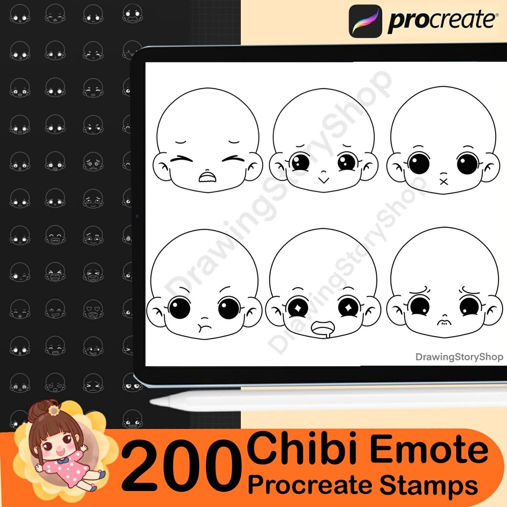 200 Procreate Chibi Head Stamps , Procreate Chibi Emote Brushes, Chibi Emotion Face stamp, Procreate Anime, Manga brush
