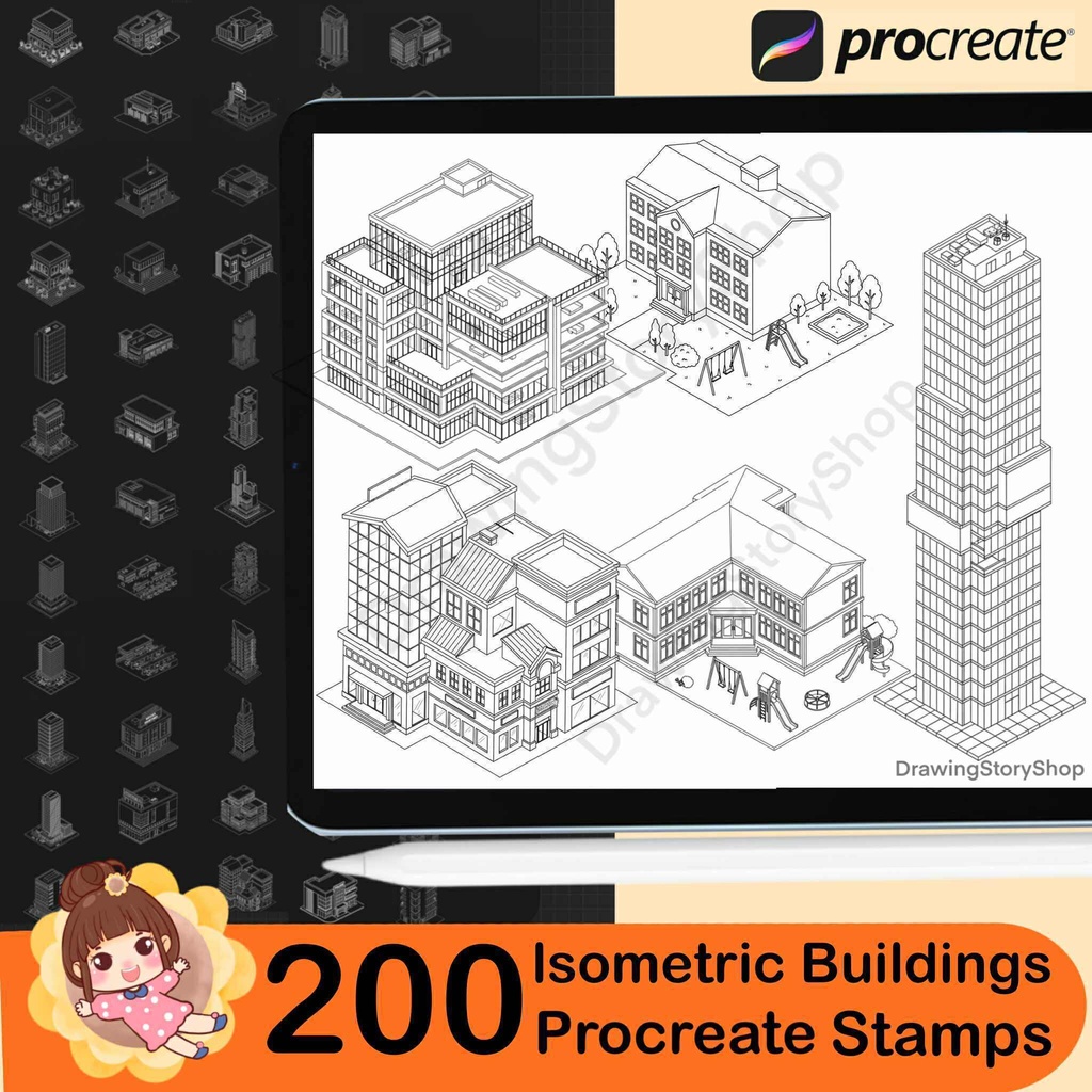 200 Procreate Isometric Buildings Stamps , Procreate Isometric House Stamps , Procreate 3D Isometric Stamp Brushes
