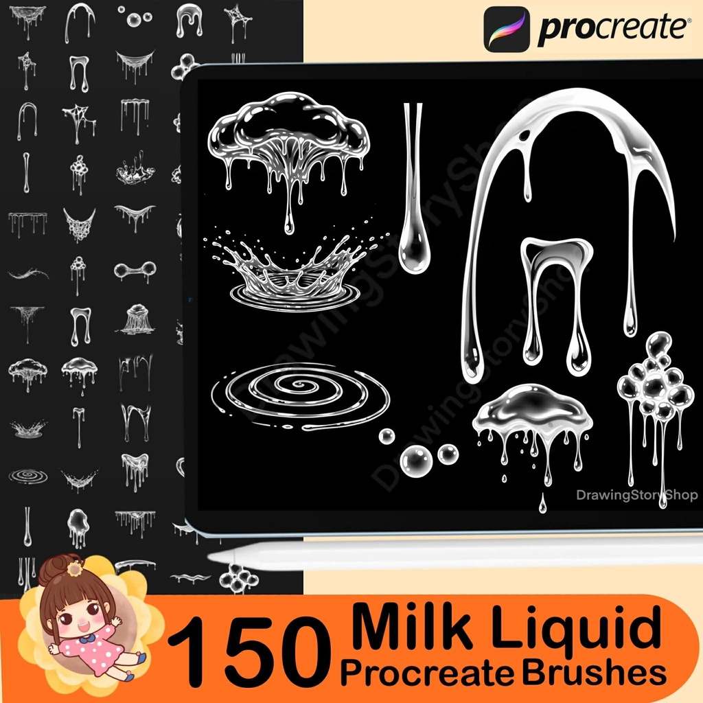 Anime Glue Brushes: 150 Milky Liquid Stamps for Procreate, Mystery liquid brushes