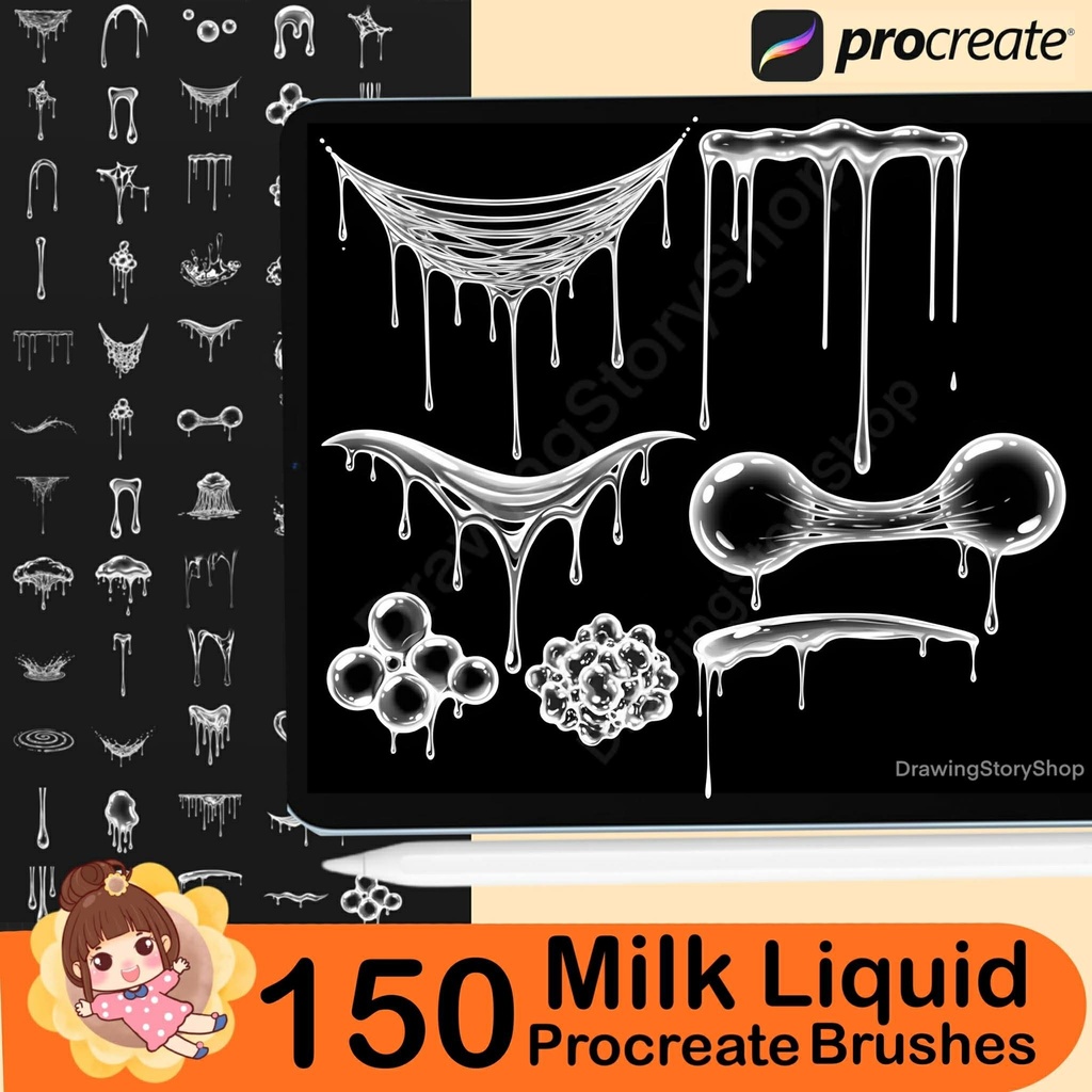 Anime Glue Brushes: 150 Milky Liquid Stamps for Procreate, Mystery liquid brushes