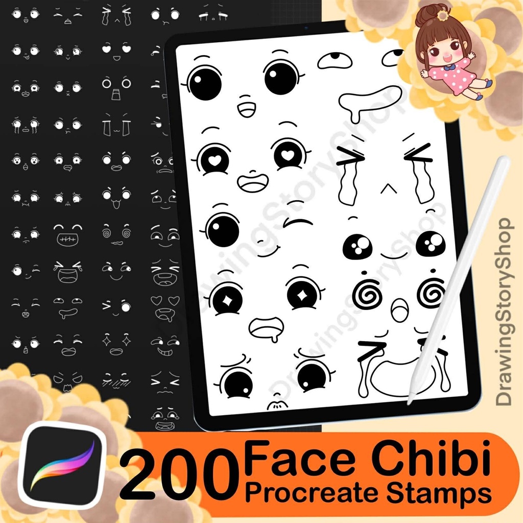 Procreate Kawaii Faces Stamps : Emotes Chibi Base Emotions Expressions Character Maker Brushes