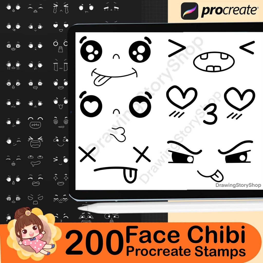 Procreate Kawaii Faces Stamps : Emotes Chibi Base Emotions Expressions Character Maker Brushes