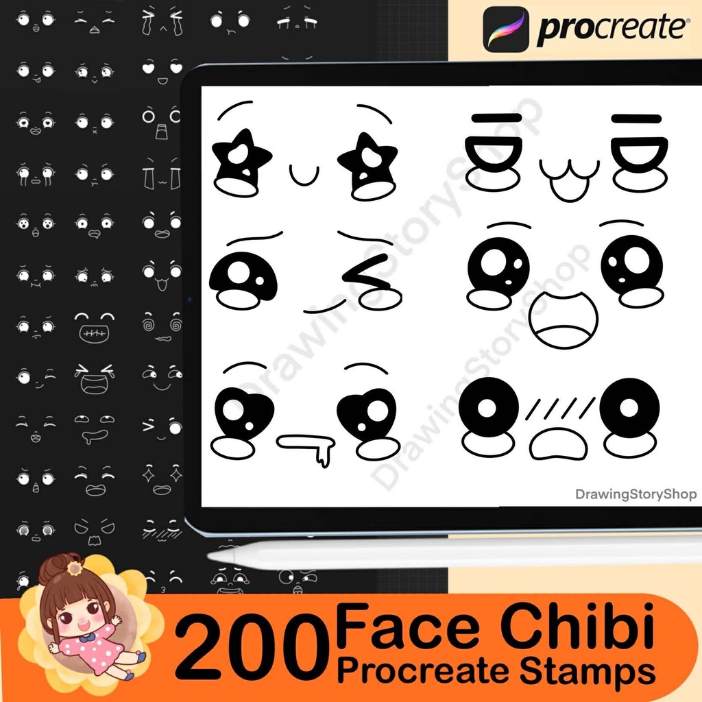 Procreate Kawaii Faces Stamps : Emotes Chibi Base Emotions Expressions Character Maker Brushes