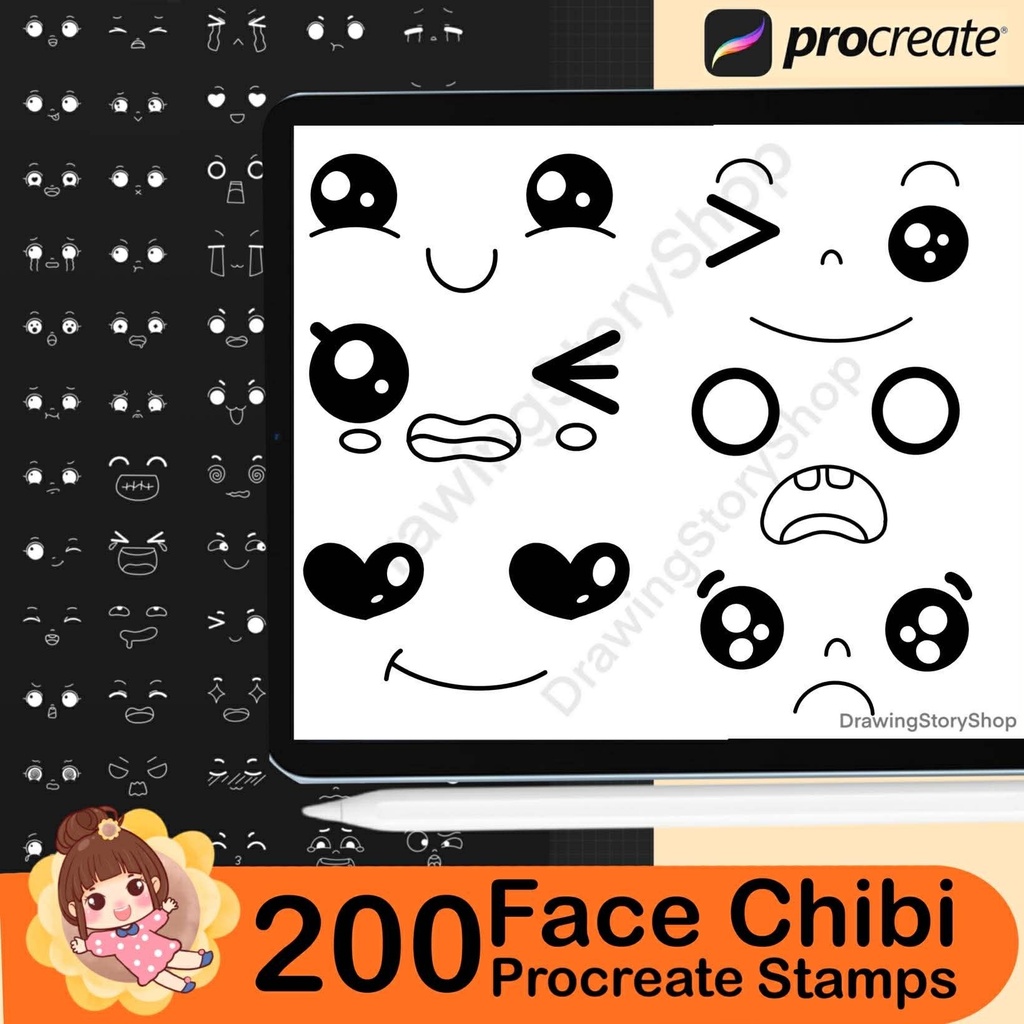 Procreate Kawaii Faces Stamps : Emotes Chibi Base Emotions Expressions Character Maker Brushes
