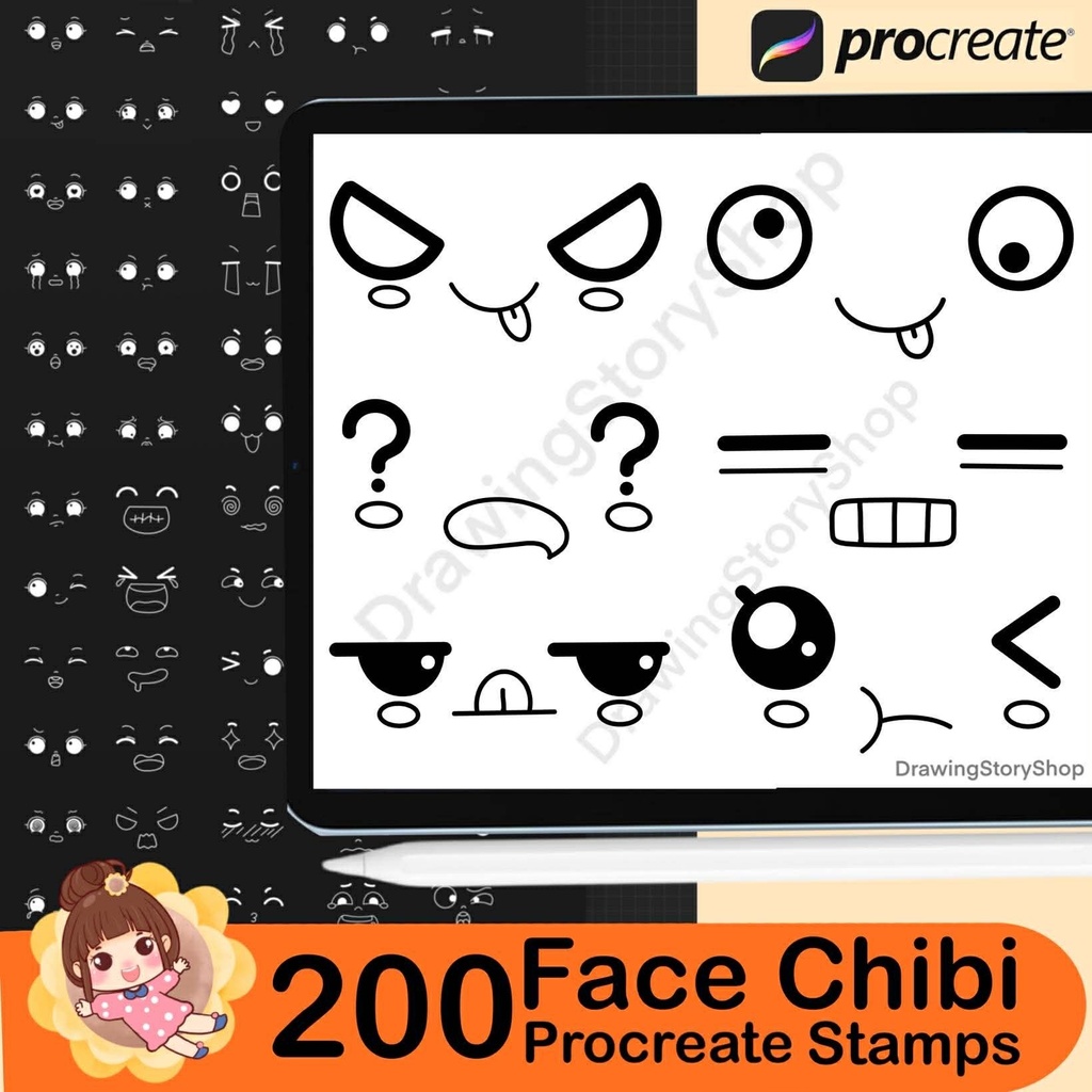 Procreate Kawaii Faces Stamps : Emotes Chibi Base Emotions Expressions Character Maker Brushes