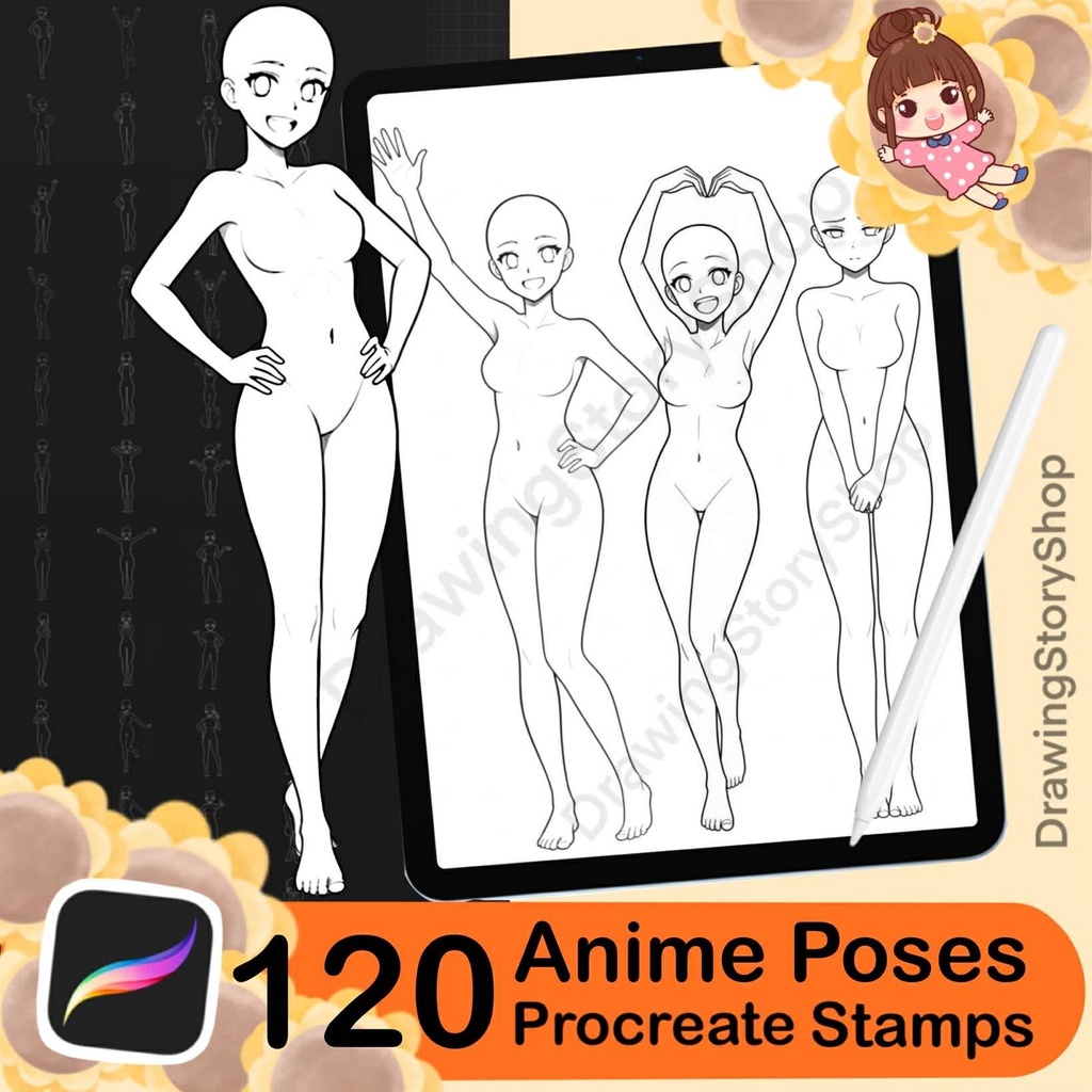 Procreate Manga Anime Poses: 120 body pose base stamps