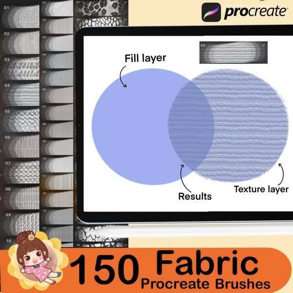 150 Procreate fabric texture brushes, Textile brushes set, Procreate Clothes Brushes