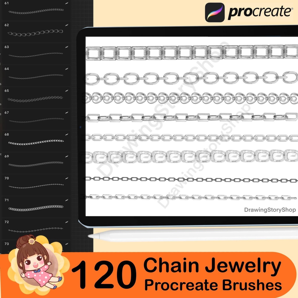 120 Procreate Chain Brushes, Procreate Necklace Brush , Procreate Fashion Chain Brush , Procreate Metallic Jewelry Brush