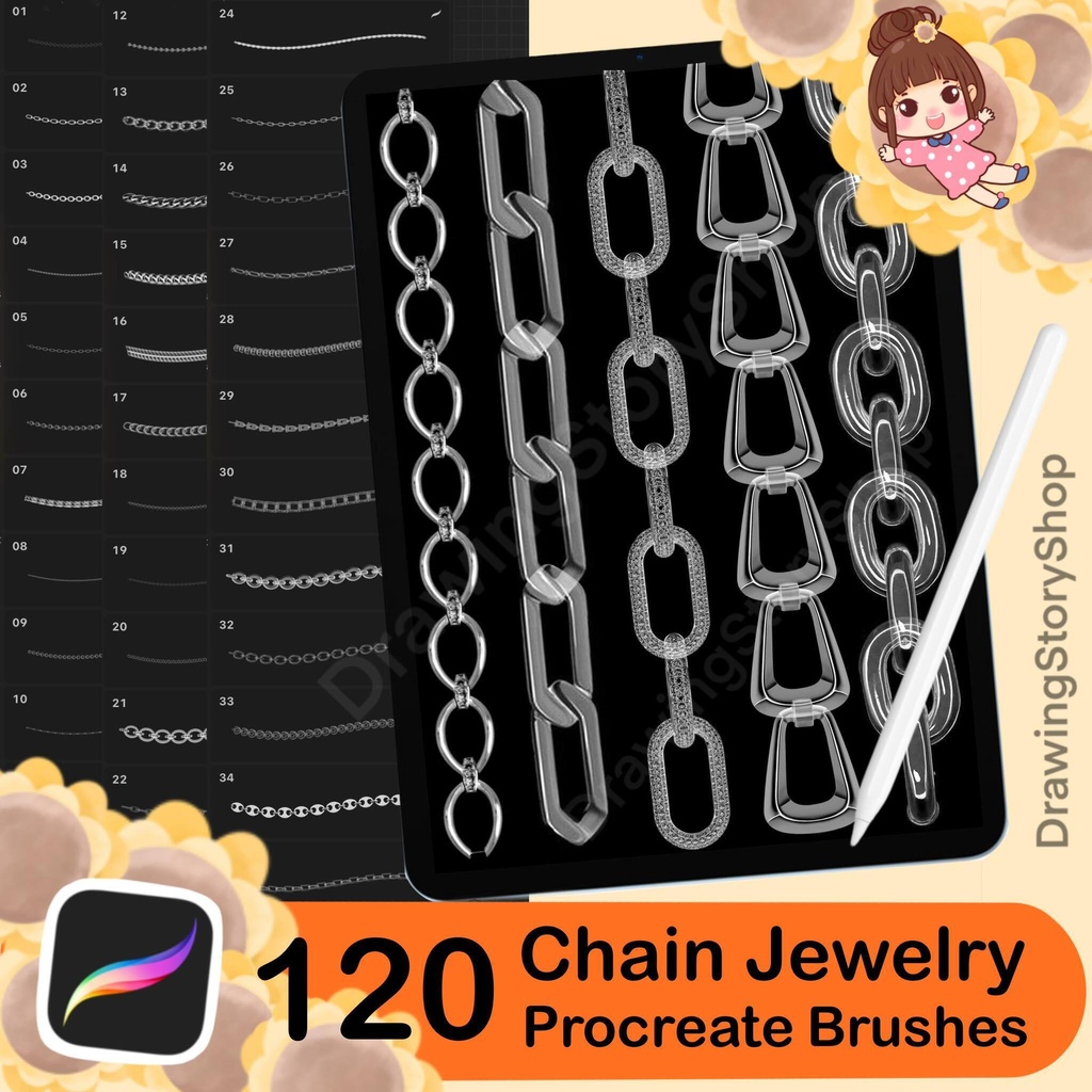 120 Procreate Chain Brushes, Procreate Necklace Brush , Procreate Fashion Chain Brush , Procreate Metallic Jewelry Brush