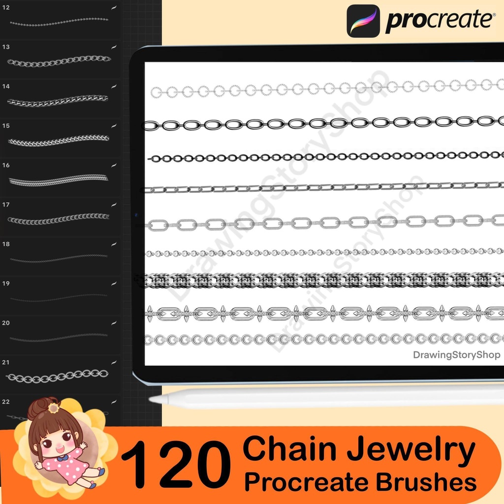 120 Procreate Chain Brushes, Procreate Necklace Brush , Procreate Fashion Chain Brush , Procreate Metallic Jewelry Brush