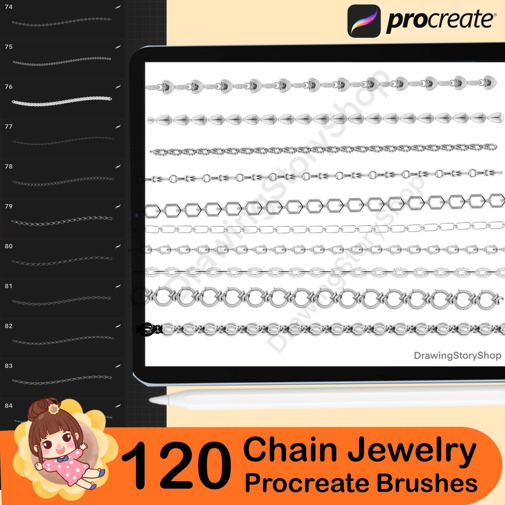 120 Procreate Chain Brushes, Procreate Necklace Brush , Procreate Fashion Chain Brush , Procreate Metallic Jewelry Brush