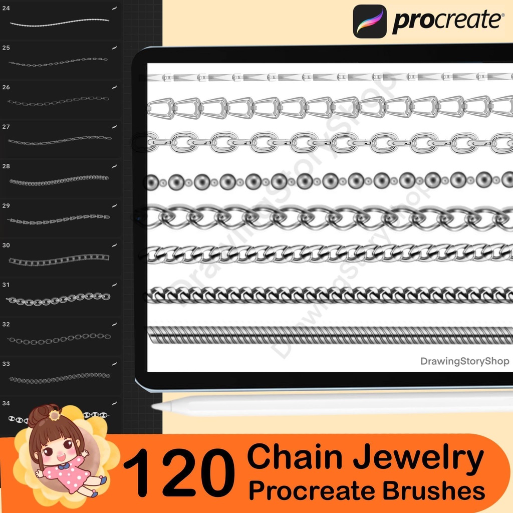 120 Procreate Chain Brushes, Procreate Necklace Brush , Procreate Fashion Chain Brush , Procreate Metallic Jewelry Brush
