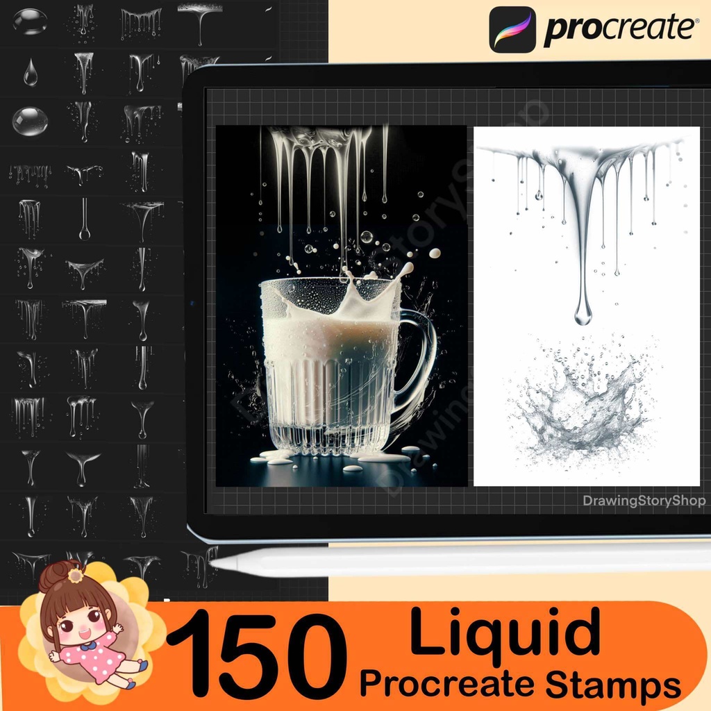 150 Procreate liquid stamps,milk liquid stamps ,milk brushes, liquid brushes,Water splashes,Water liquid ,Water Drops