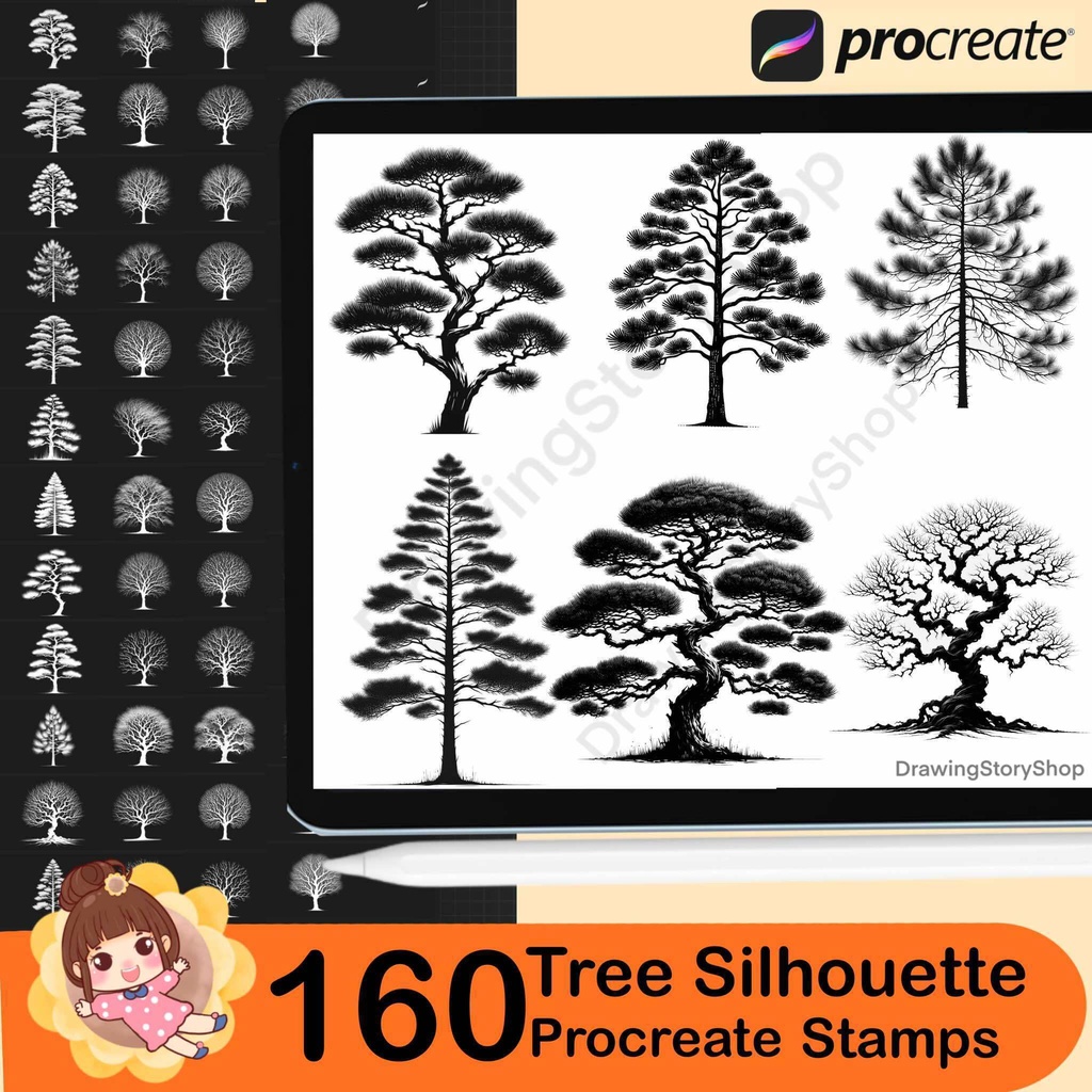 160 Procreate tree silhouette stamps, Forest Procreate tree stamp brushes, Procreate tree brushes