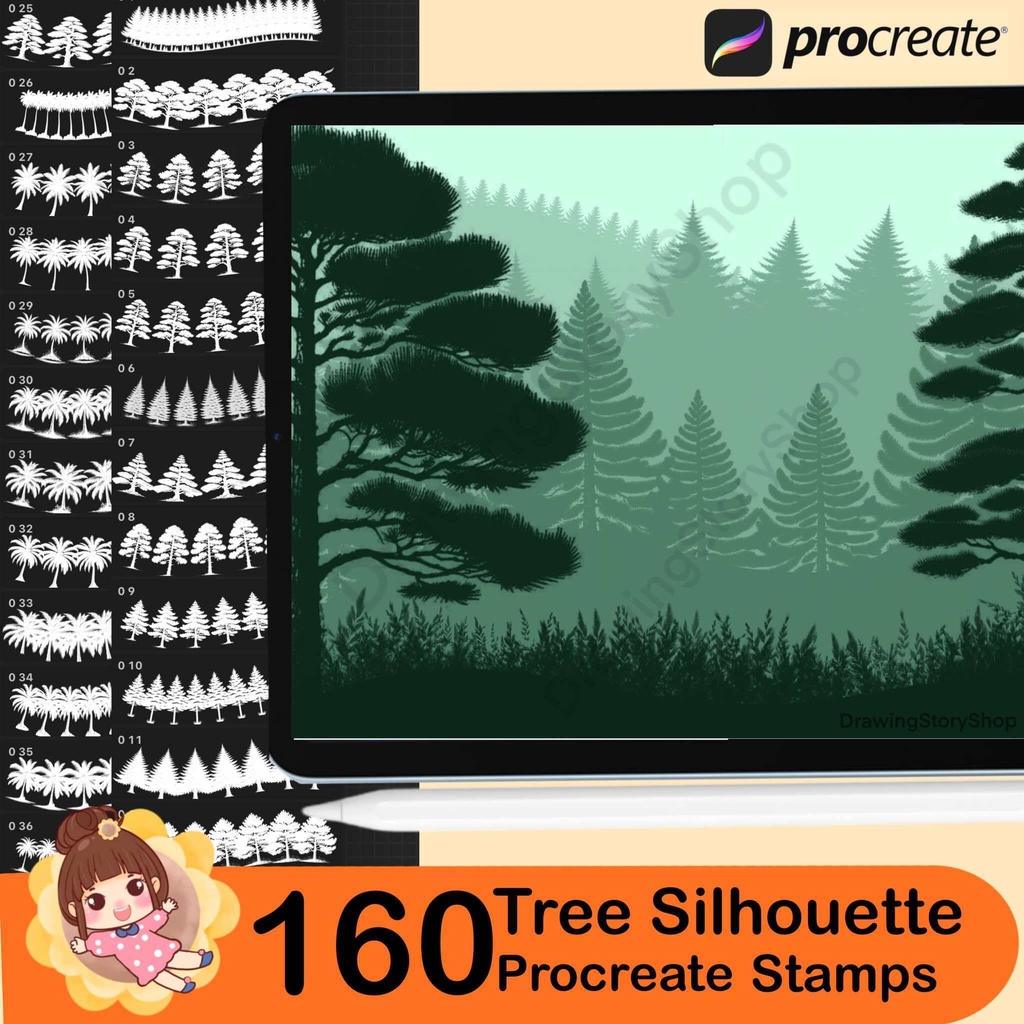 160 Procreate tree silhouette stamps, Forest Procreate tree stamp brushes, Procreate tree brushes
