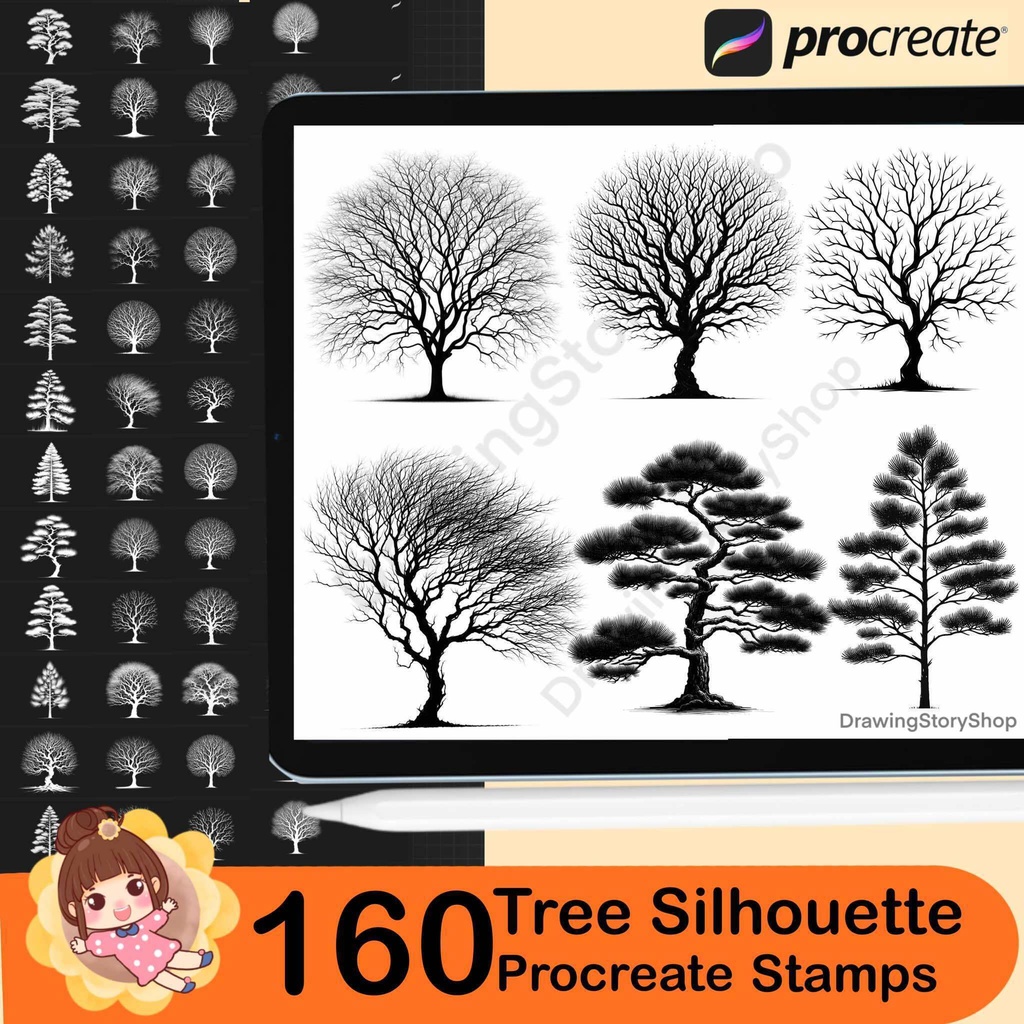 160 Procreate tree silhouette stamps, Forest Procreate tree stamp brushes, Procreate tree brushes