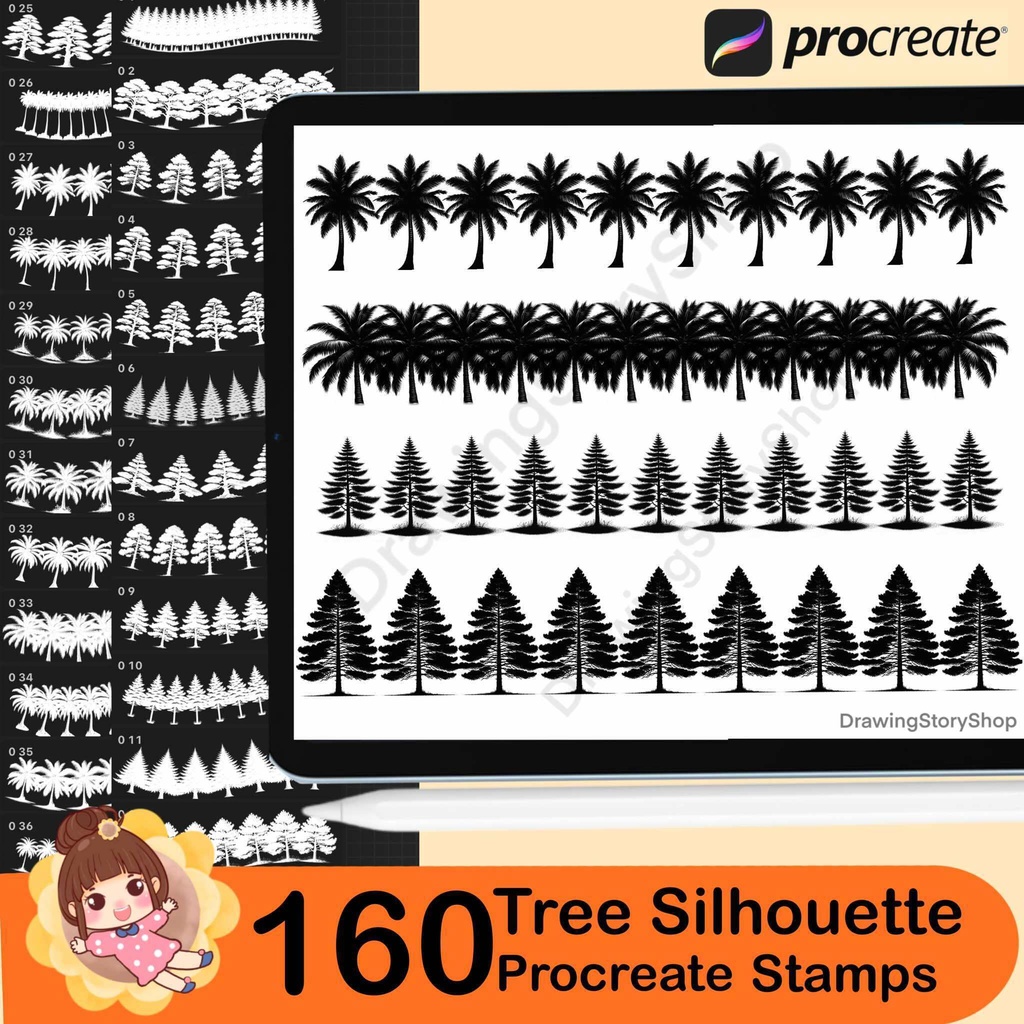 160 Procreate tree silhouette stamps, Forest Procreate tree stamp brushes, Procreate tree brushes