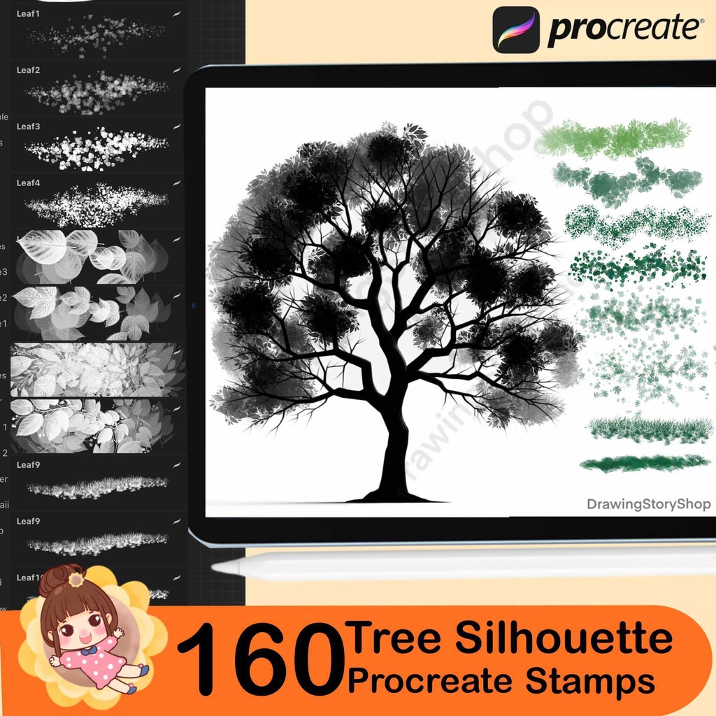 160 Procreate tree silhouette stamps, Forest Procreate tree stamp brushes, Procreate tree brushes