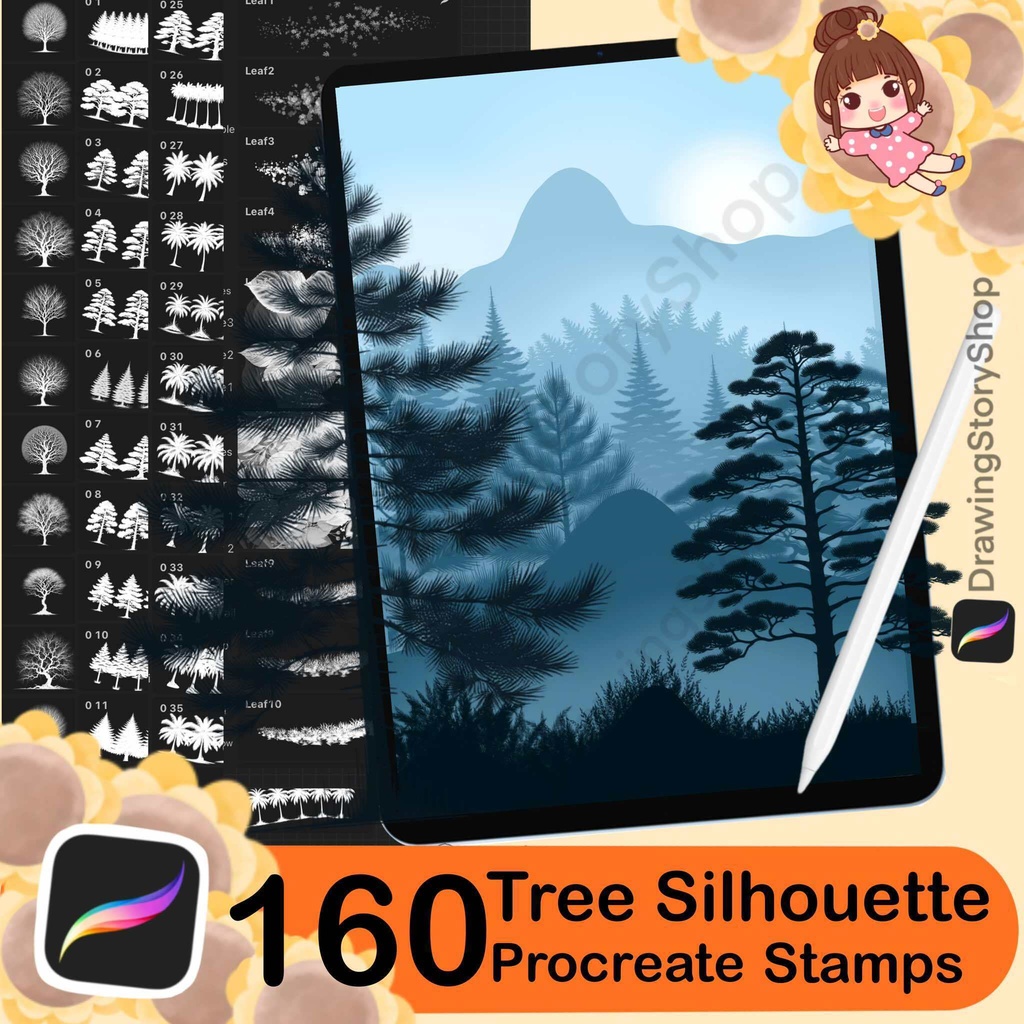 160 Procreate tree silhouette stamps, Forest Procreate tree stamp brushes, Procreate tree brushes