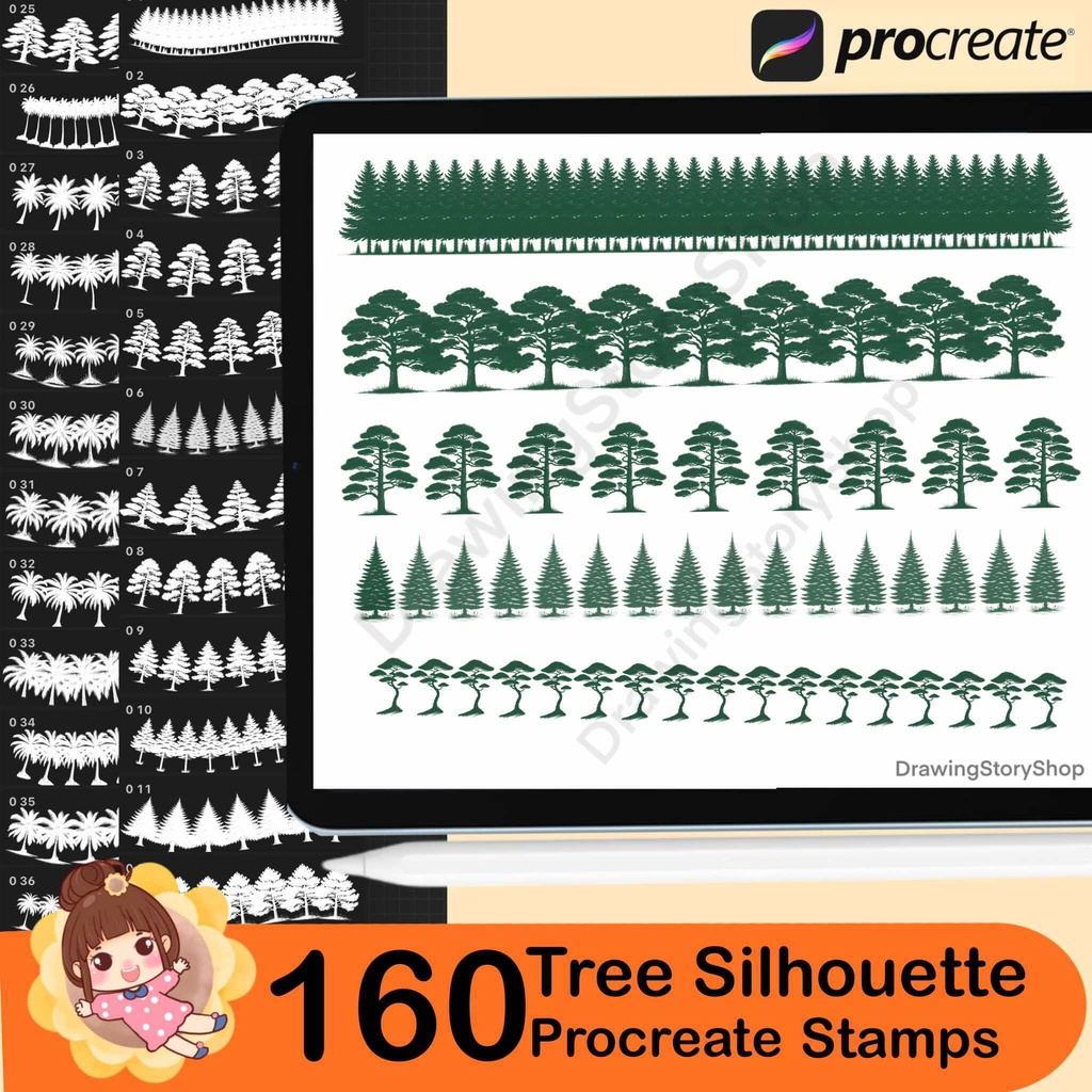 160 Procreate tree silhouette stamps, Forest Procreate tree stamp brushes, Procreate tree brushes