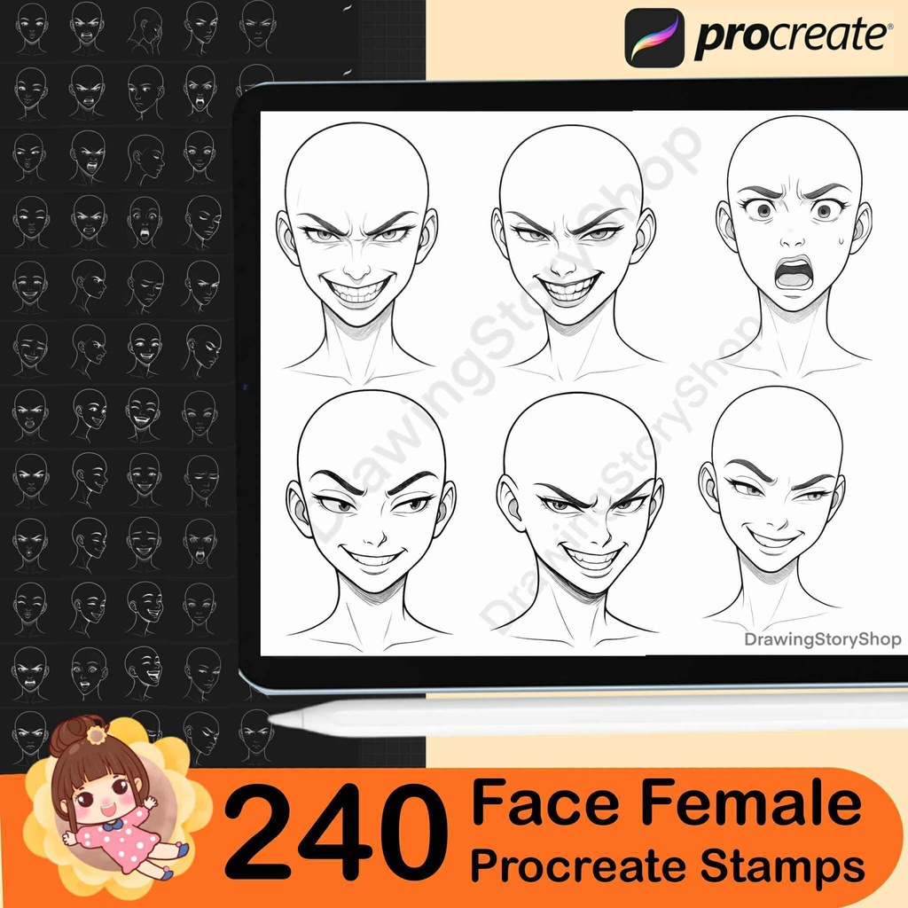 240 Procreate face female Brushes Stamp, Procreate head Stamps, Procreate women base heads reference, Procreate female emotions brushes