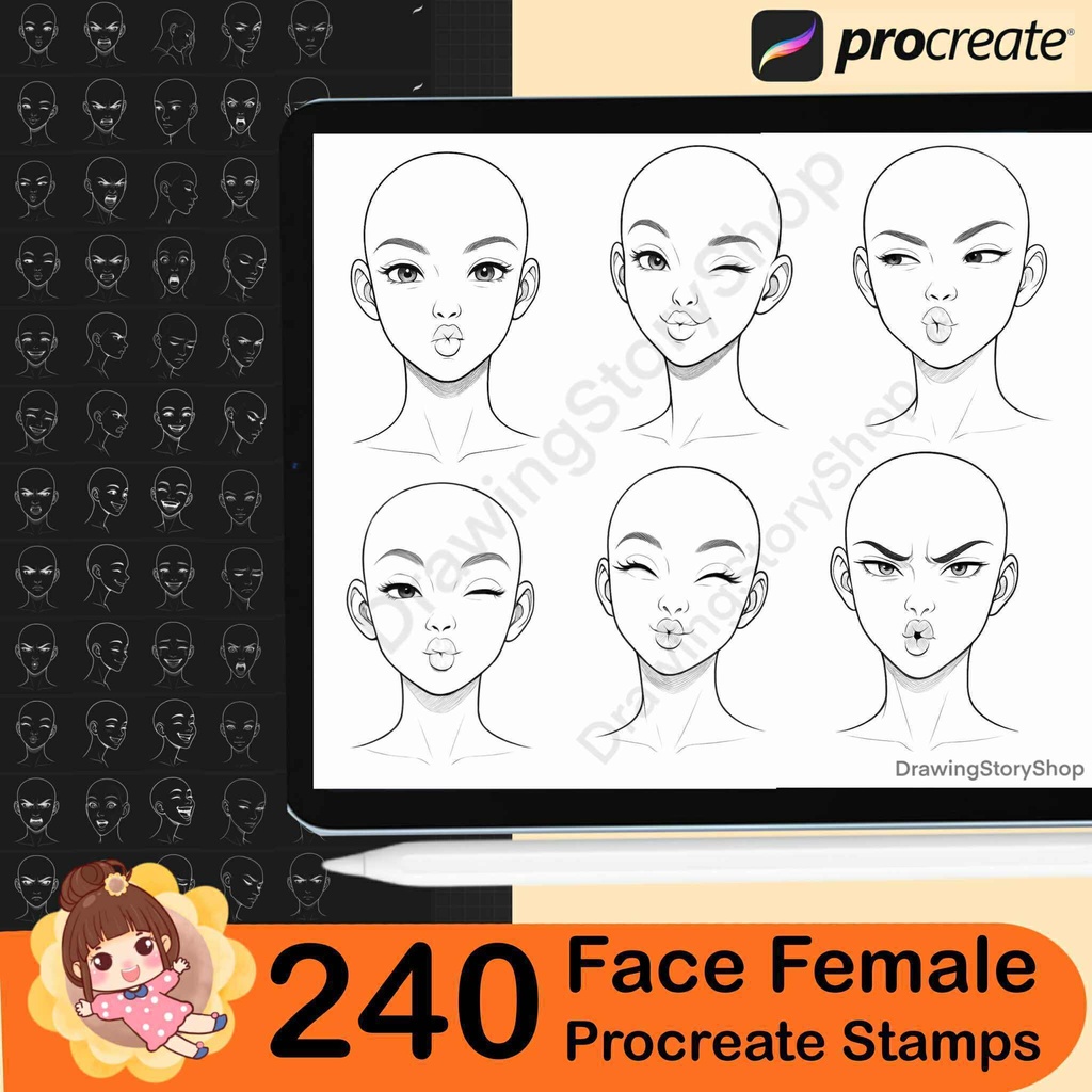 240 Procreate face female Brushes Stamp, Procreate head Stamps, Procreate women base heads reference, Procreate female emotions brushes