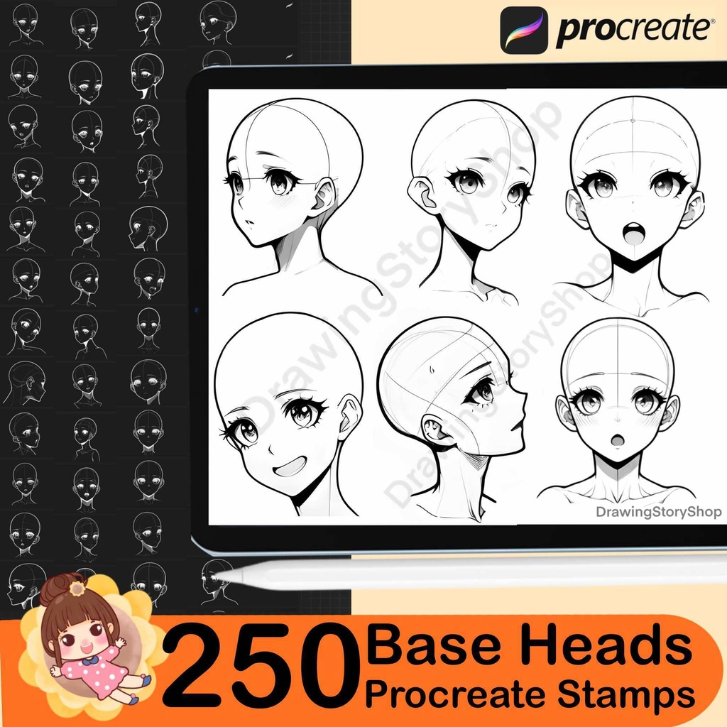 250 Base Procreate head stamps | Procreate head base stamps | Procreate face emotions stamps | Face Procreate brushes | Anime Face Girl