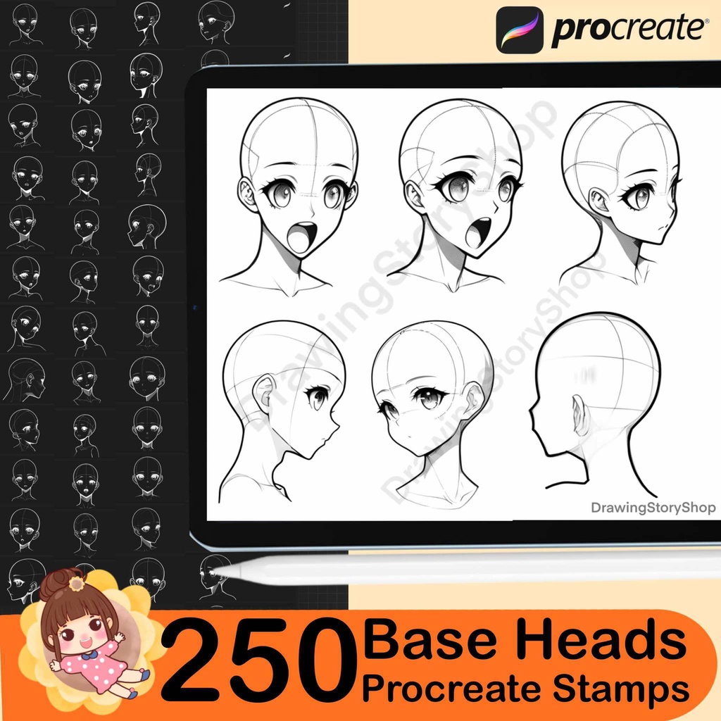 250 Base Procreate head stamps | Procreate head base stamps | Procreate face emotions stamps | Face Procreate brushes | Anime Face Girl