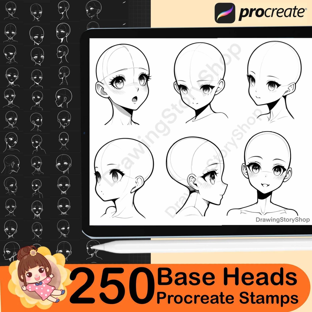 250 Base Procreate head stamps | Procreate head base stamps | Procreate face emotions stamps | Face Procreate brushes | Anime Face Girl
