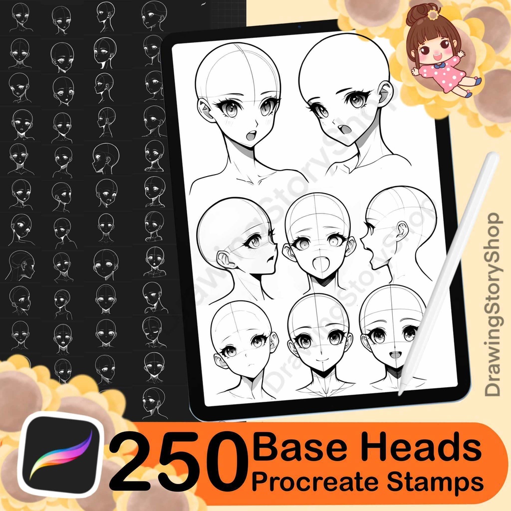 250 Base Procreate head stamps | Procreate head base stamps | Procreate face emotions stamps | Face Procreate brushes | Anime Face Girl