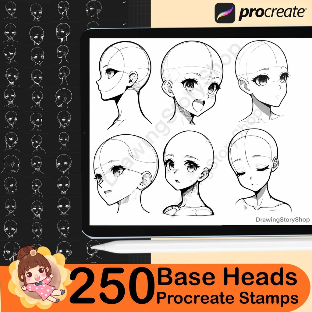 250 Base Procreate head stamps | Procreate head base stamps | Procreate face emotions stamps | Face Procreate brushes | Anime Face Girl