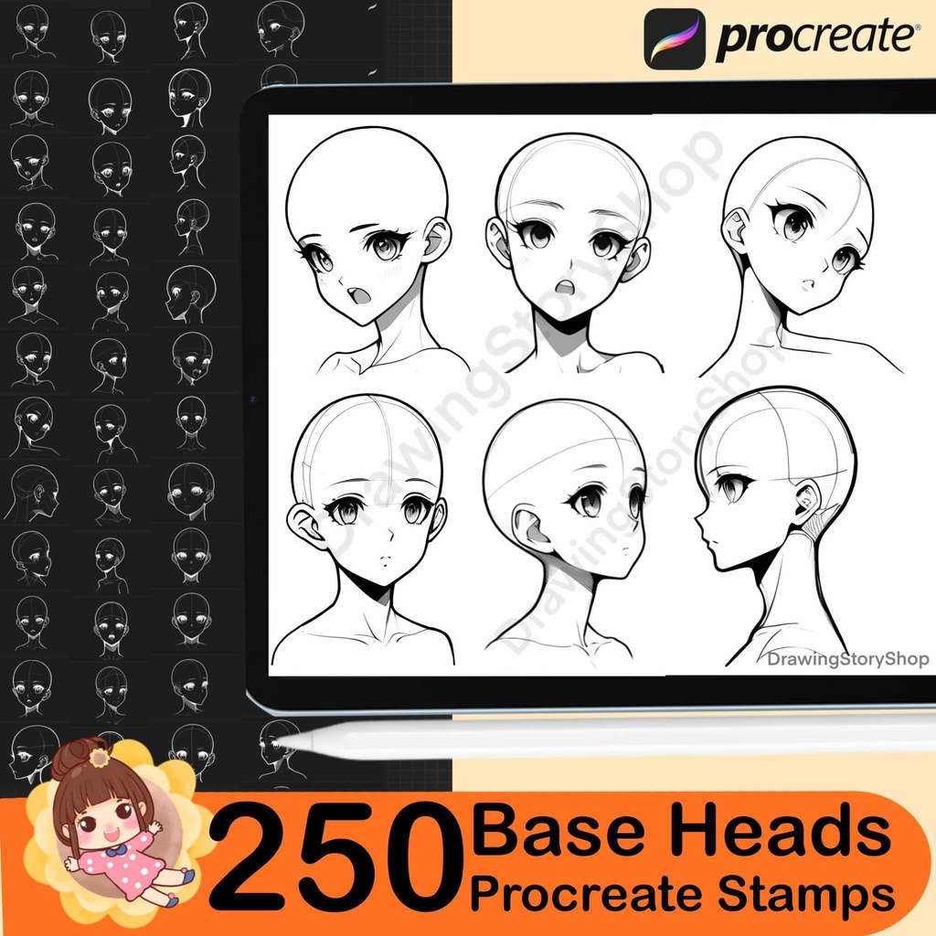 250 Base Procreate head stamps | Procreate head base stamps | Procreate face emotions stamps | Face Procreate brushes | Anime Face Girl