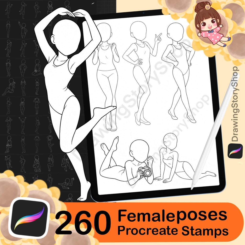 260 Base Procreate body pose stamps | Procreate pose stamps | Female Procreate body stamps | Procreate woman stamps | Anime Manga pose stamp