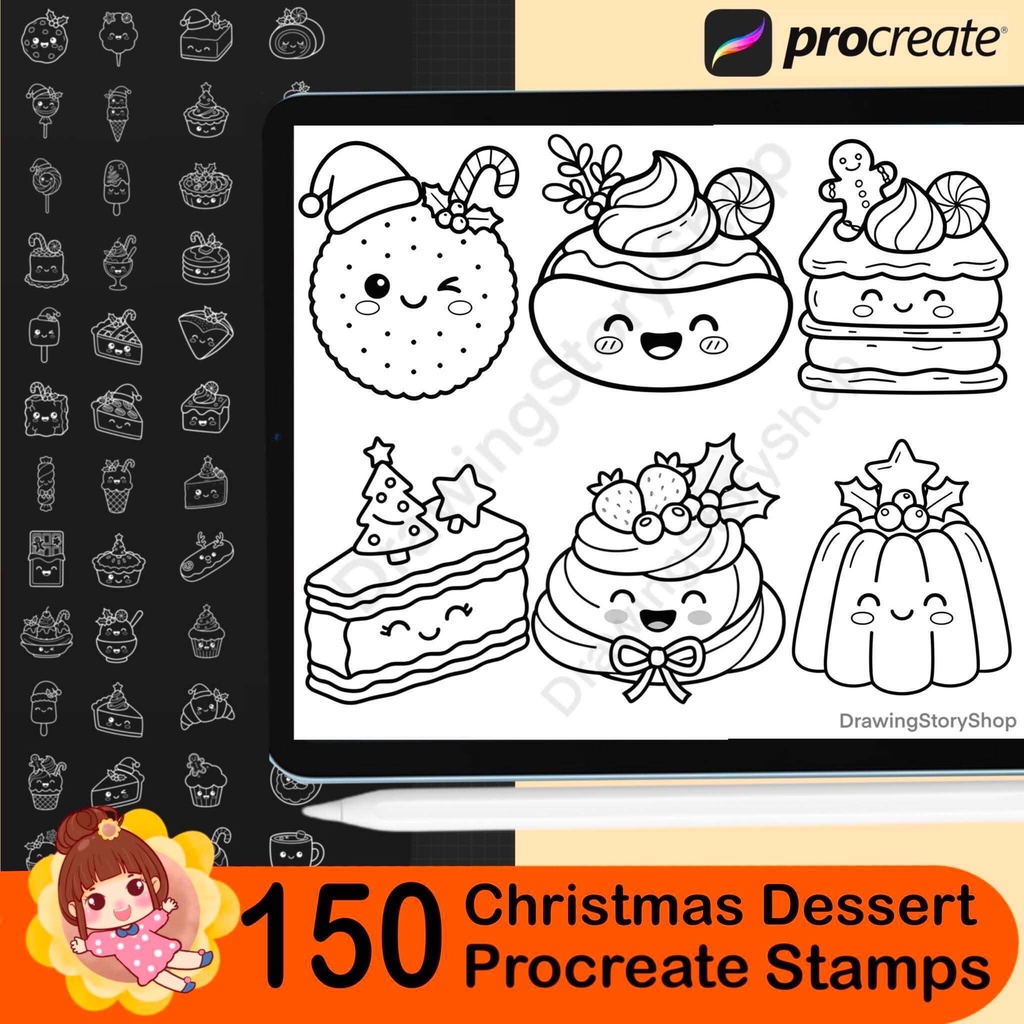 150 Christmas Dessert Procreate Stamp Bundle | Kawaii Holiday Bakery, Cookies, Cakes, Candy & Cute Food Brushes