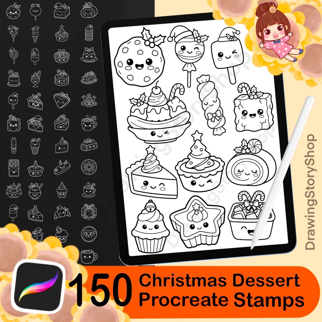 150 Christmas Dessert Procreate Stamp Bundle | Kawaii Holiday Bakery, Cookies, Cakes, Candy & Cute Food Brushes