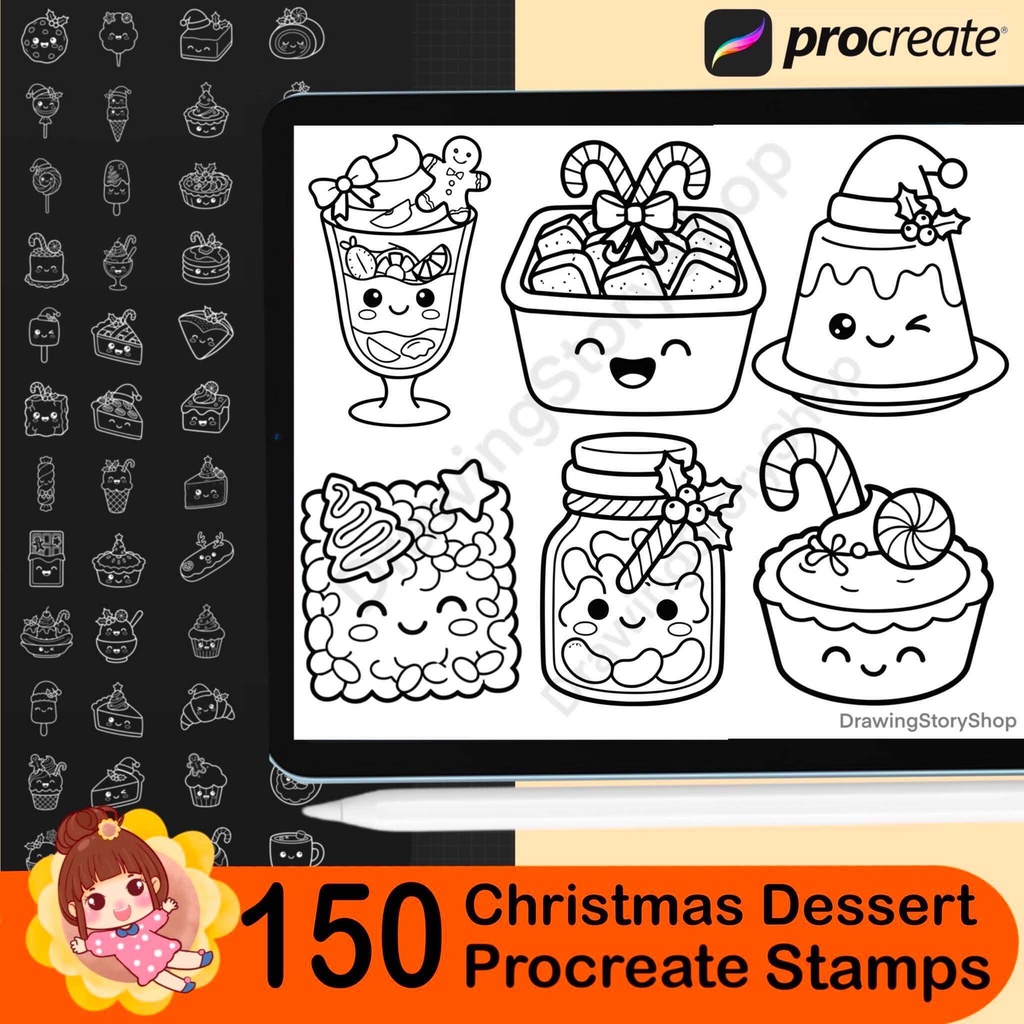 150 Christmas Dessert Procreate Stamp Bundle | Kawaii Holiday Bakery, Cookies, Cakes, Candy & Cute Food Brushes